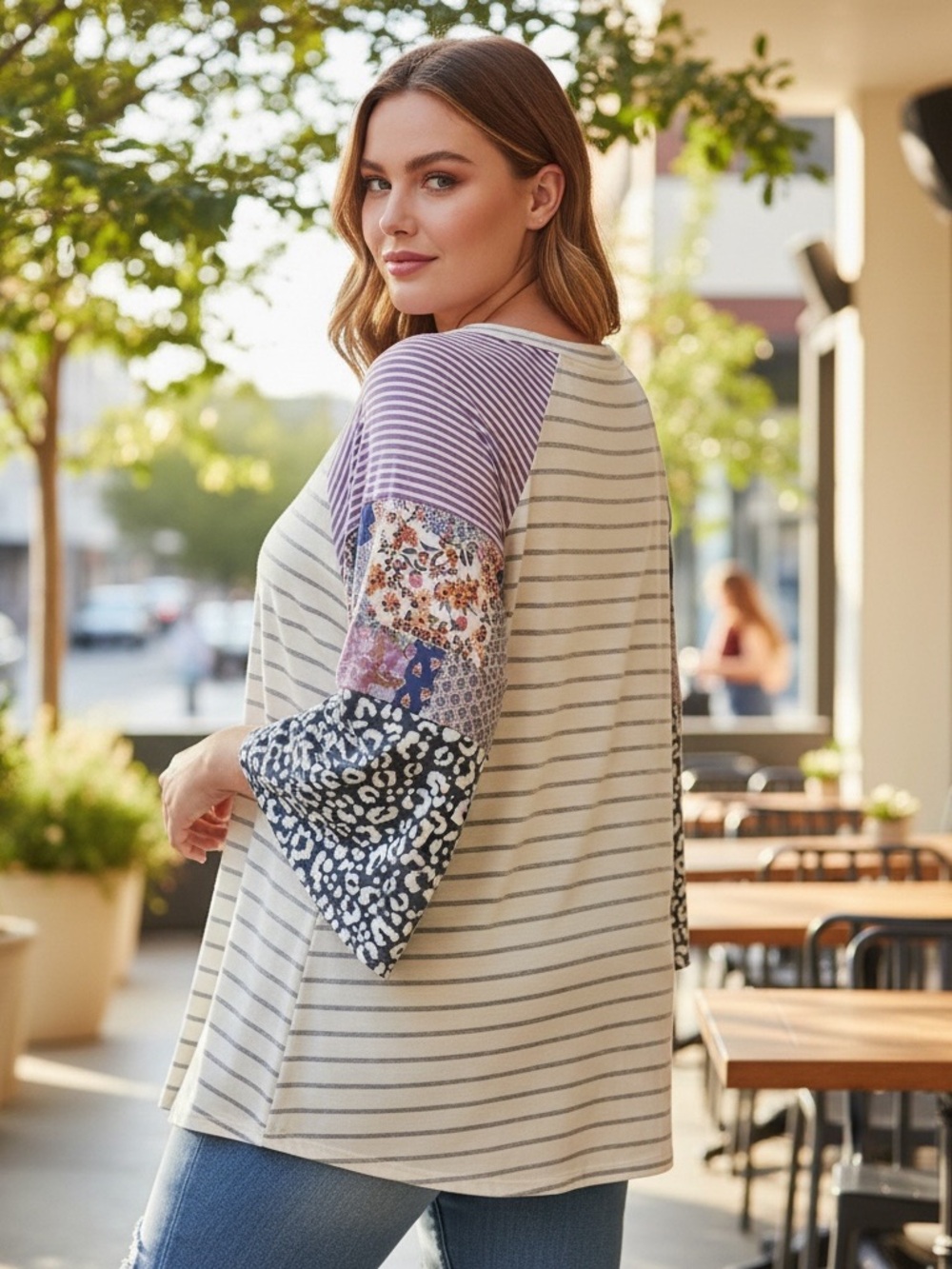 Haptics by Holly Harper Patchwork Sleeve Striped Top